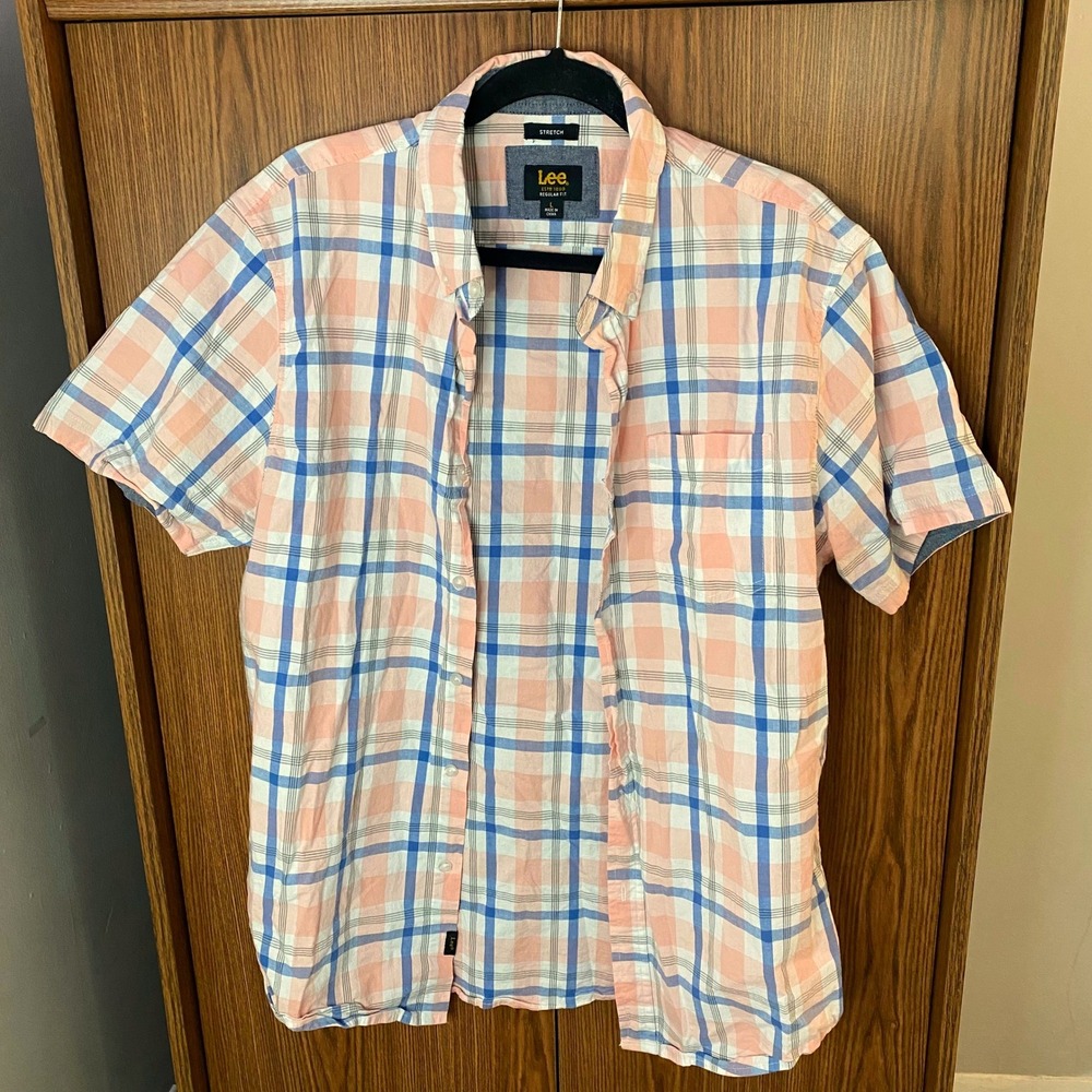 Lee Button Down Shirt Mens Large Peach Blue Plaid Short Sleeve‎ Stretch